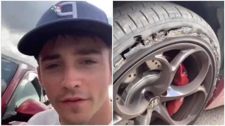 El parche que Leclerc puso al neumático de su Giulia Quadrifoglio, que le dejó tirado en la carretera