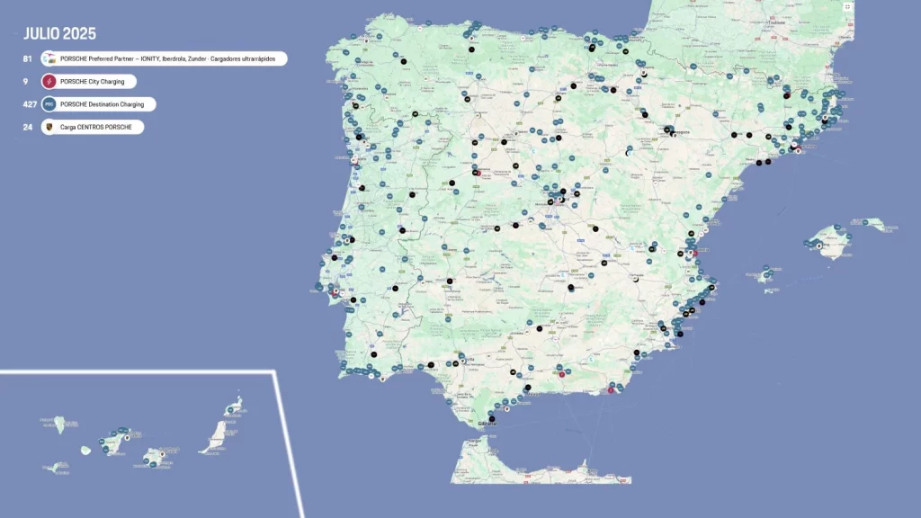 Los puntos de recarga para coches eléctricos van viento en popa en España 3 Motor16 2025 Cargadores Porsche España y Portugal. Imagen mapa puntos recarga.
