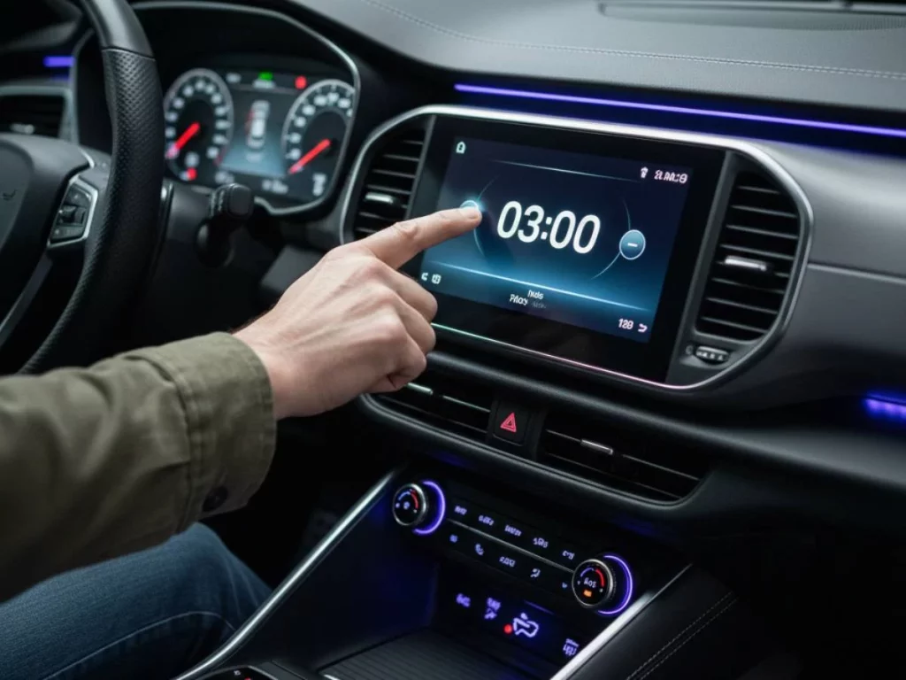 Cambio de hora: mano ajustando reloj digital en pantalla de coche.