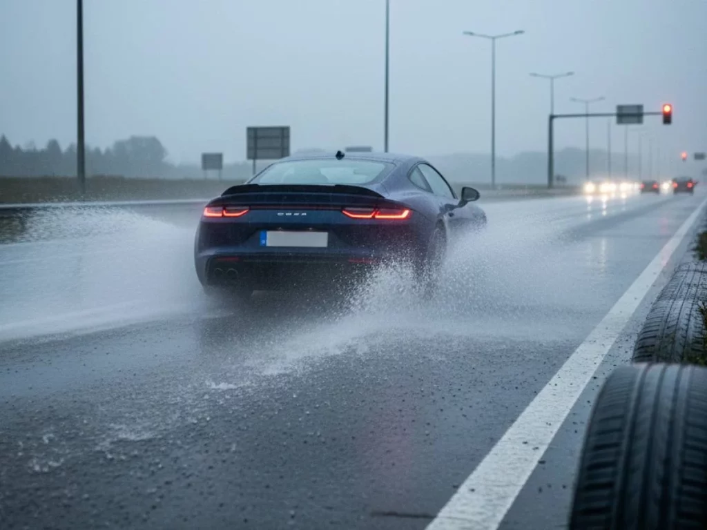 Paula (29), meteoróloga: "Prepárate para un invierno lleno de temporales. Protege tu coche con estos consejos" 2 Motor16 conducir lluvia coche moderno salpicando agua carretera