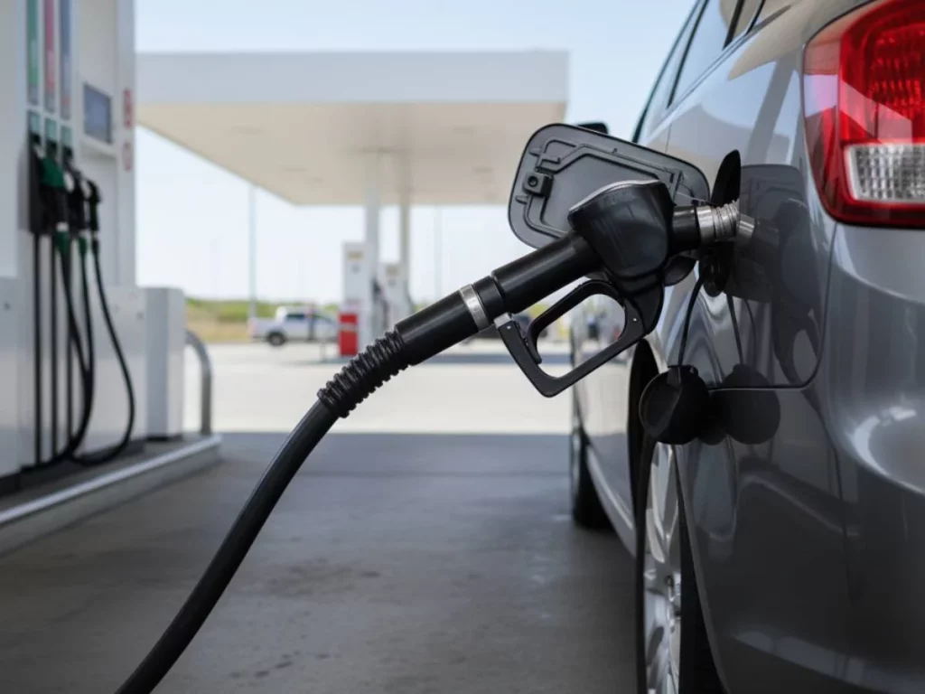 Gasolinera moderna repostando coche manguera combustible limpio