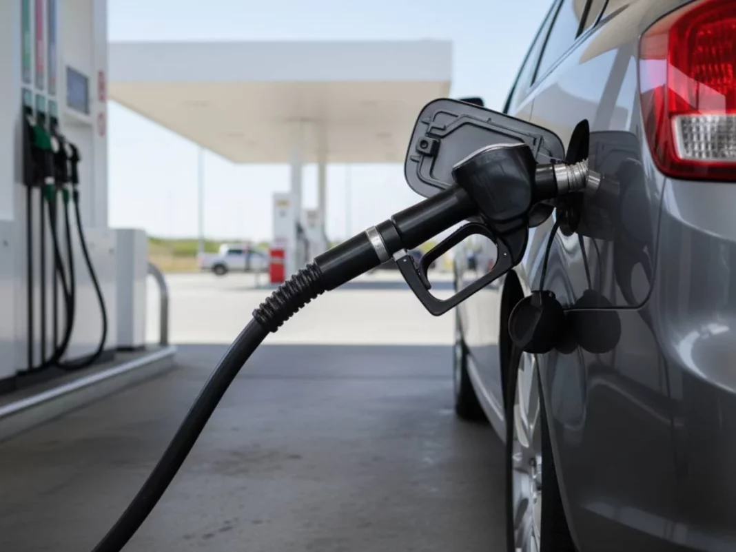 Gasolinera moderna repostando coche manguera combustible limpio