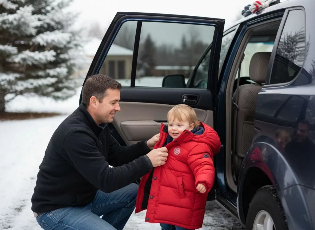 abrigando a un niño para subir al coche