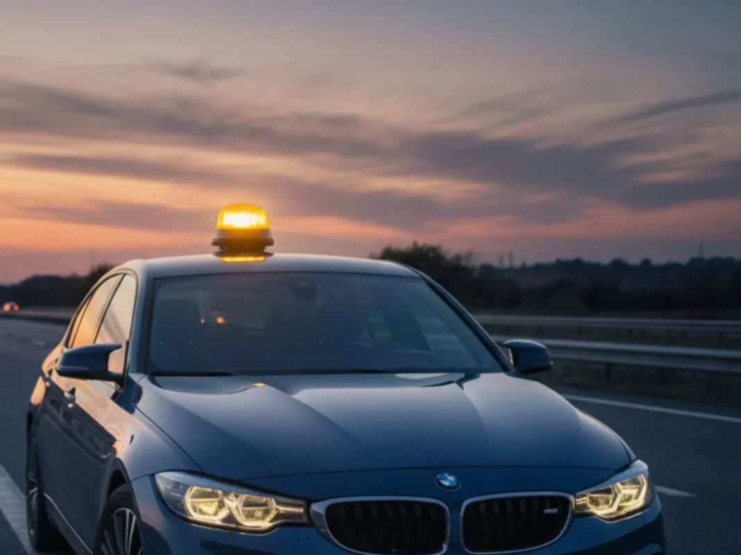 baliza V-16 coche averiado carretera atardecer