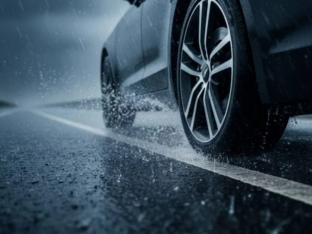 Freno de disco bajo lluvia intensa en autovía