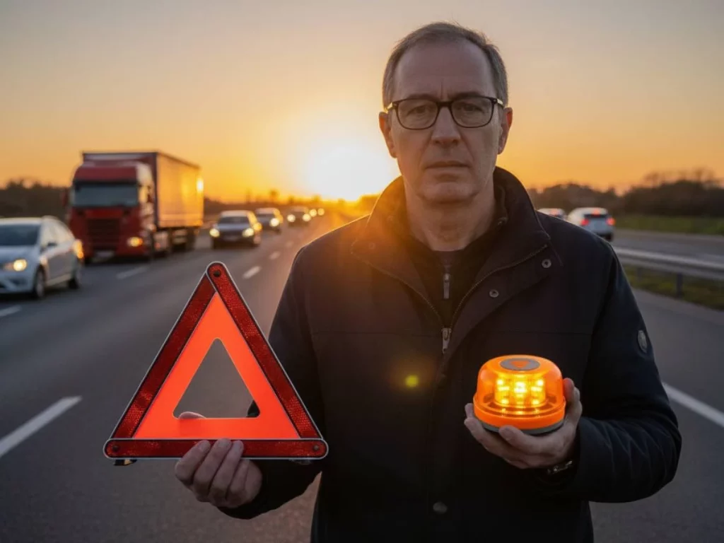 Triángulos de emergencia y baliza V-16 en carretera
