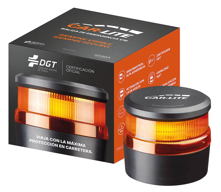 Siempre visible y conectado de forma segura con el faro Car-Lite 3 Motor16 V16 Caja Carlite y faro V16 negro copia picada Motor16