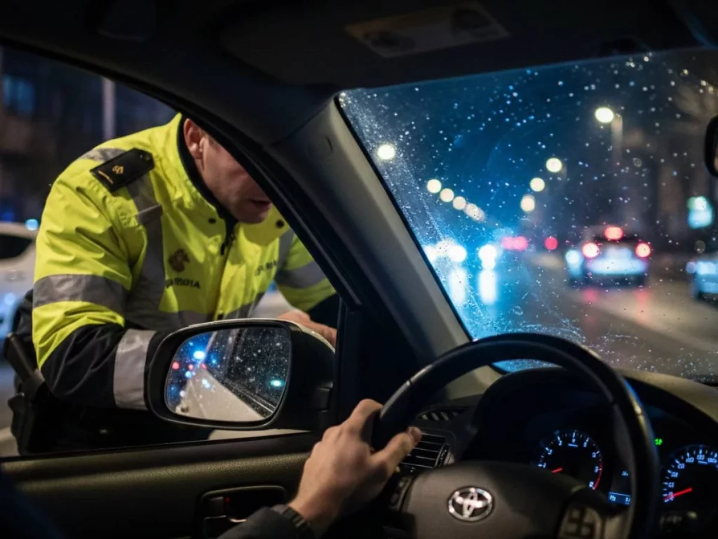 agente control nocturno hablando con conductor