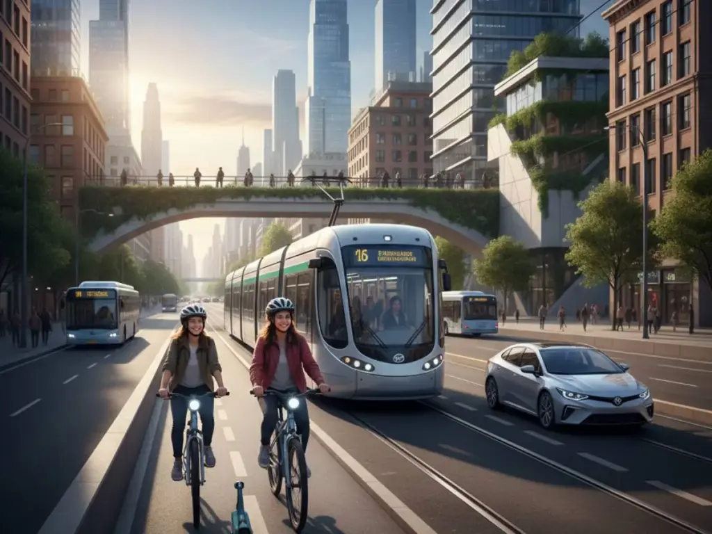 El Ministerio de Transportes ‘dispara’ al vehículo privado: Menos asfalto y más calles peatonales y carriles bici para Madrid, Barcelona, Sevilla, Valencia… 1 Motor16 imagen conceptual de ciudad del futuro