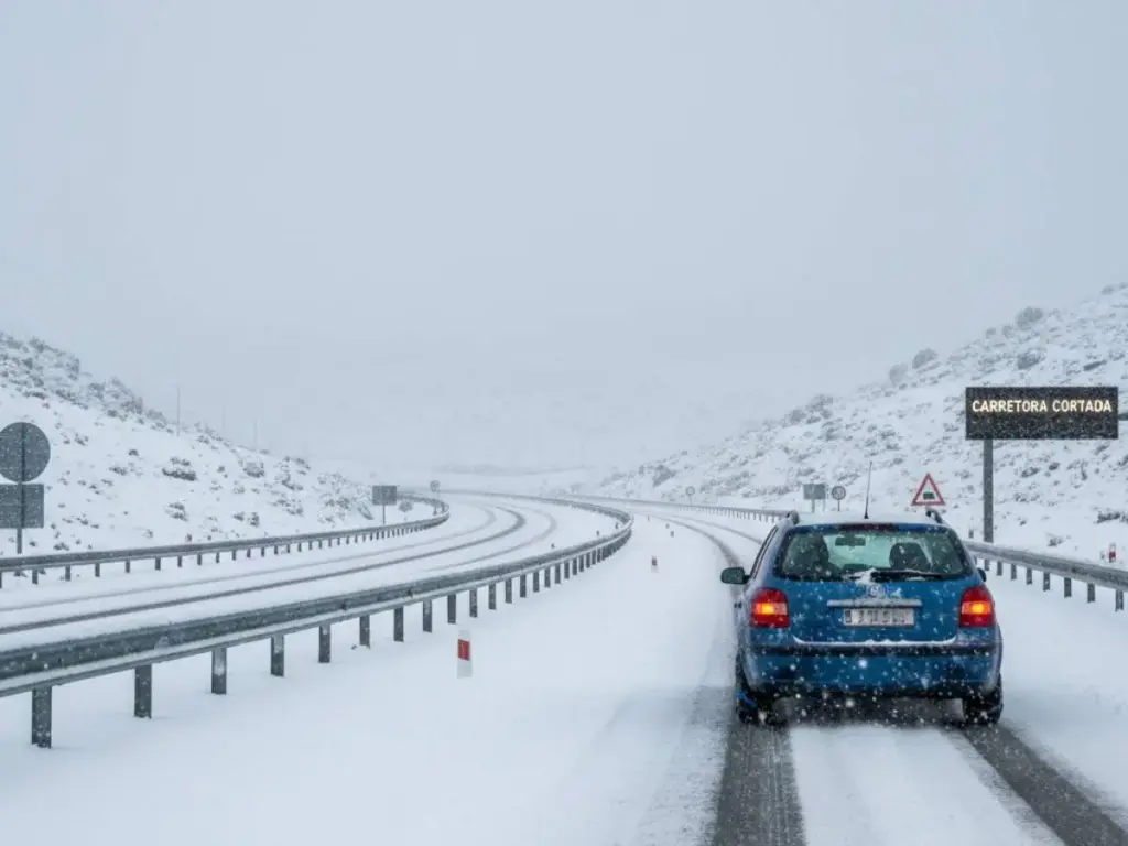 coche circulando por carretera nevada
