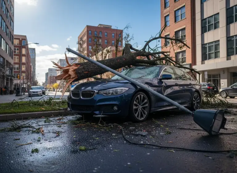 La manera de reclamar daños y perjuicios si el fuerte viento tira un árbol o una farola sobre tu coche aparcado