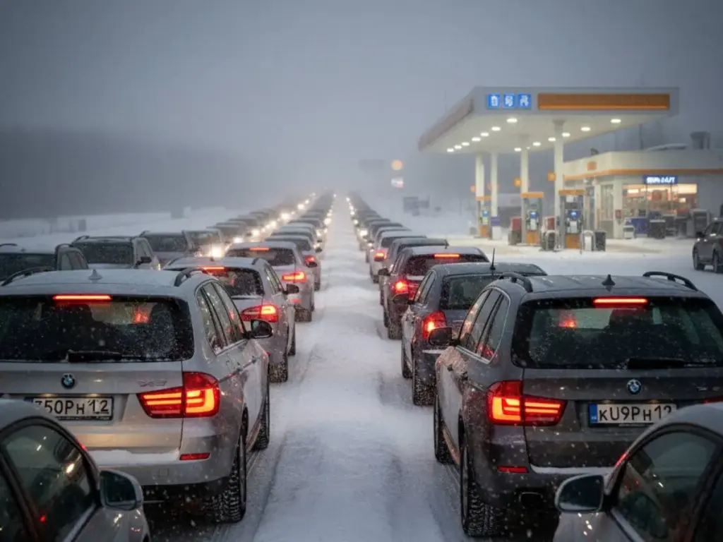 Coches atrapados en una tormenta de nieve junto a una gasolinera
