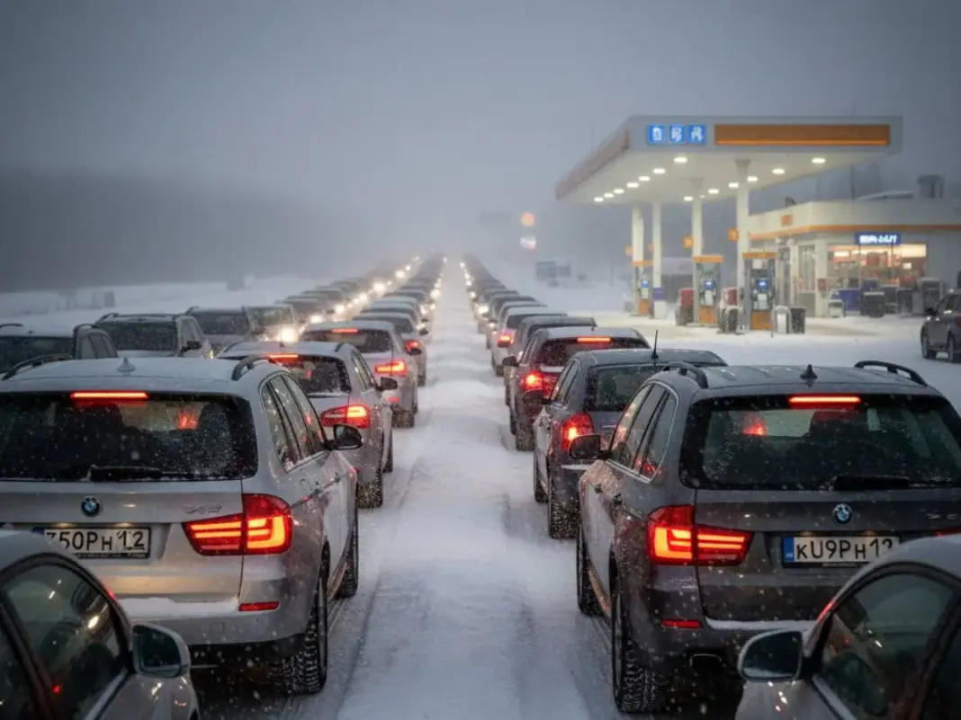 Coches atrapados en una tormenta de nieve junto a una gasolinera