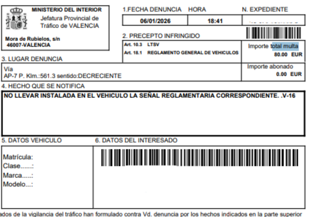 multa 80 euros baliza v16