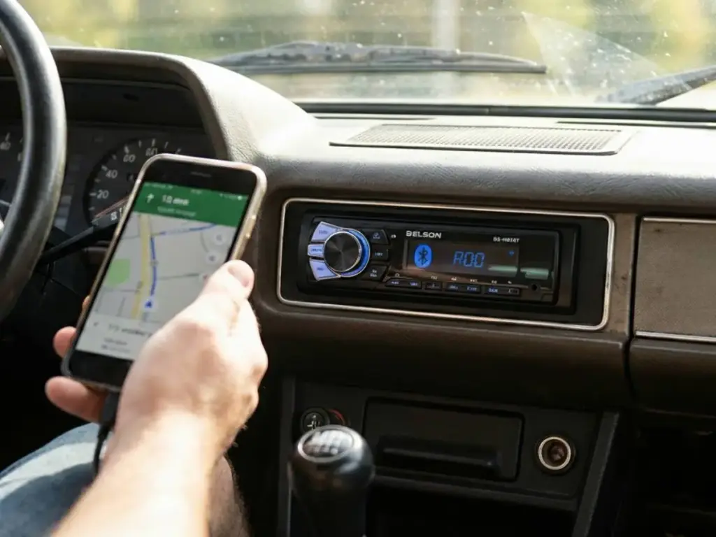 Un conductor mirando su móvil coche en aplicaciones