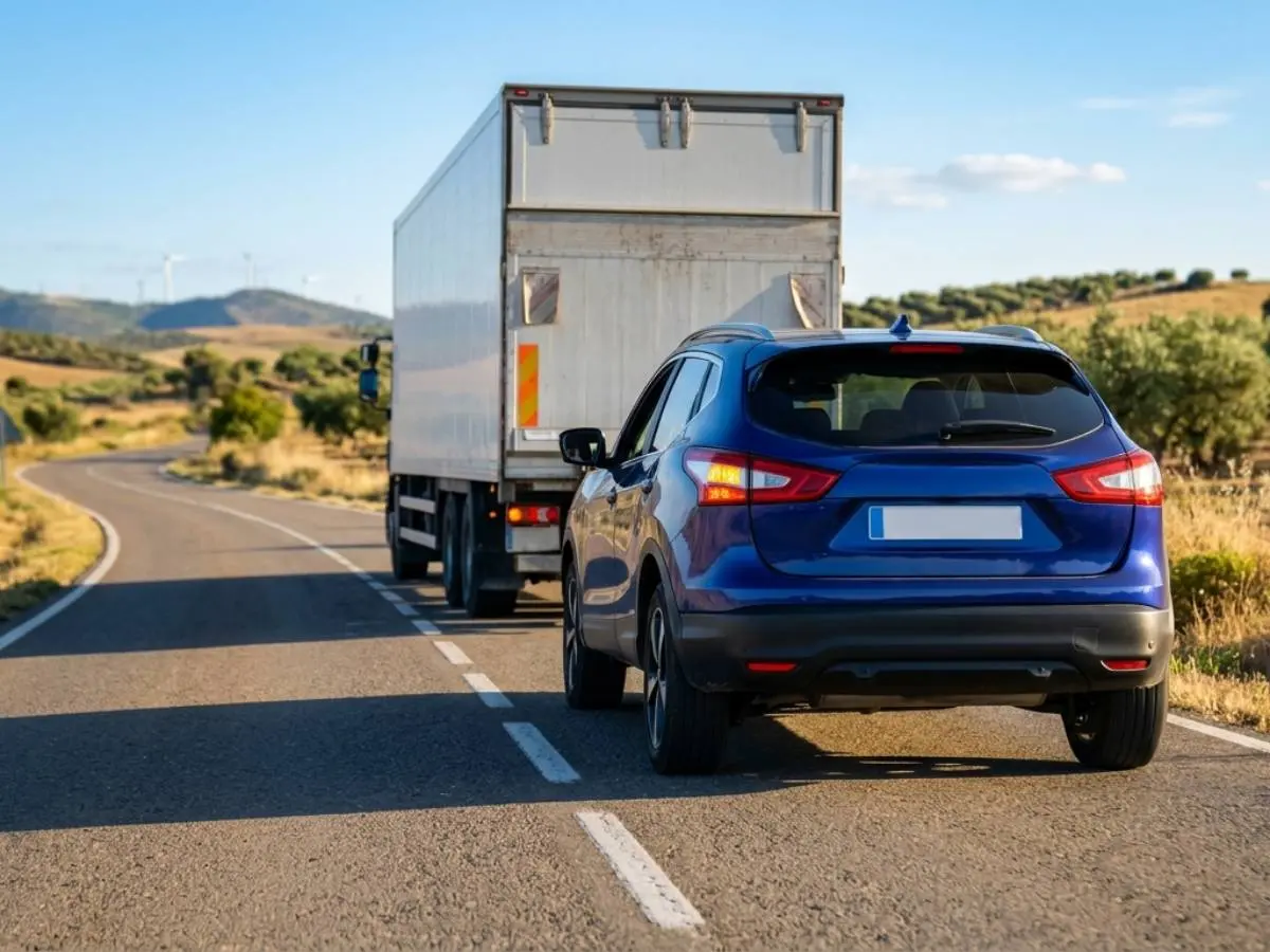 Coche detrás de un camión en una carretera secundaria