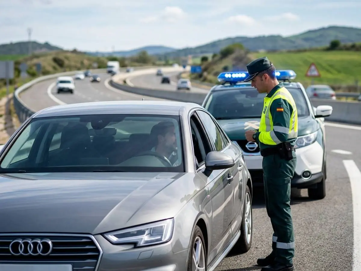 Guardia Civil hablando con un conductor en una carretera
