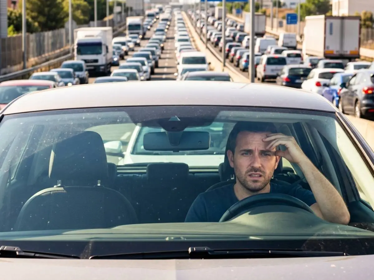Conductor frustrado en coche ante un atasco en autovía