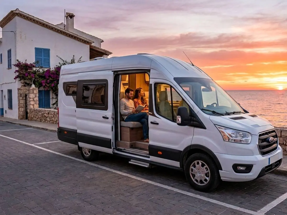 Camper parada pueblo junto al mar