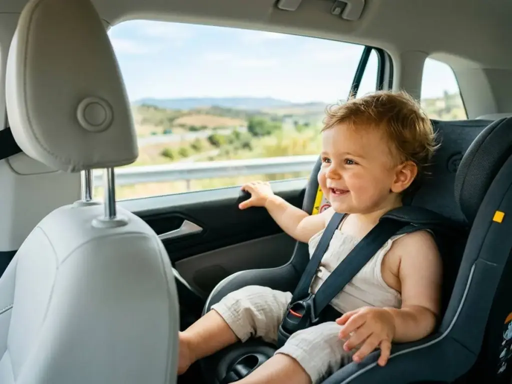 Bebé sonriente en silla de coche mirando por ventanilla