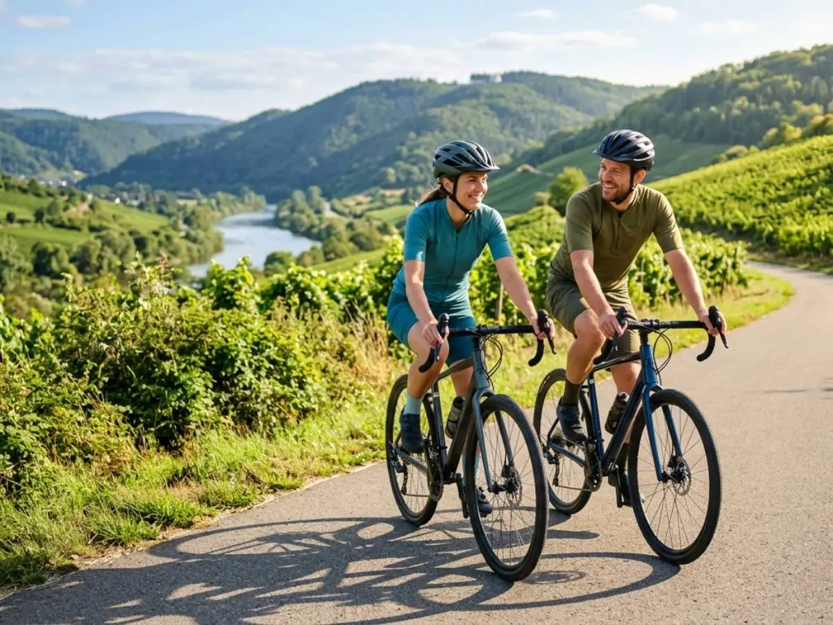 Pareja en bicicleta de ruta por campo soleado