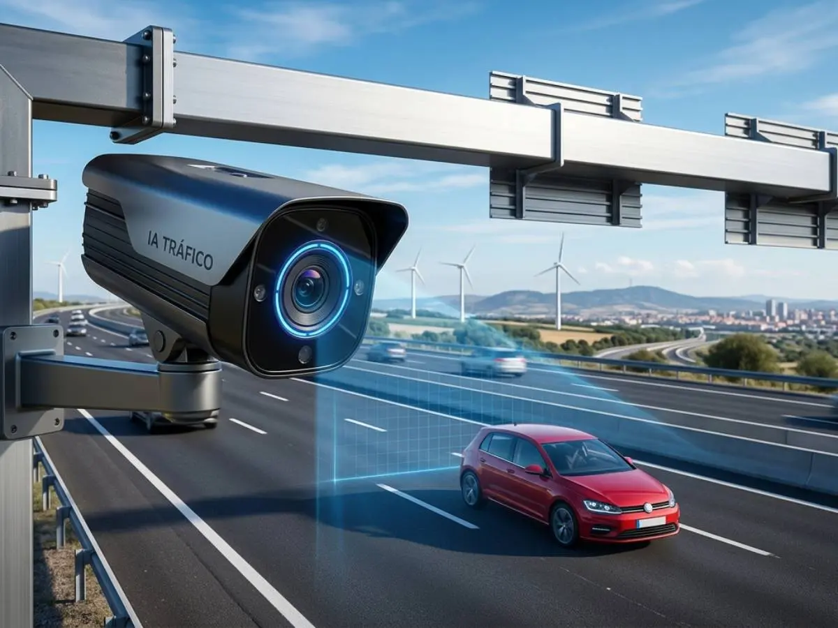 Cámara inteligente de tráfico con IA vigilando una autopista española