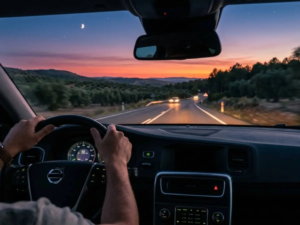 Conductor en carretera al atardecer, cambio de hora conducción