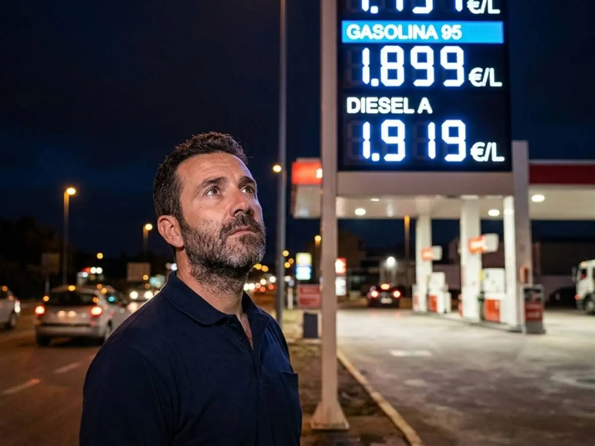 Una gasolinera con cartel de precios por la noche