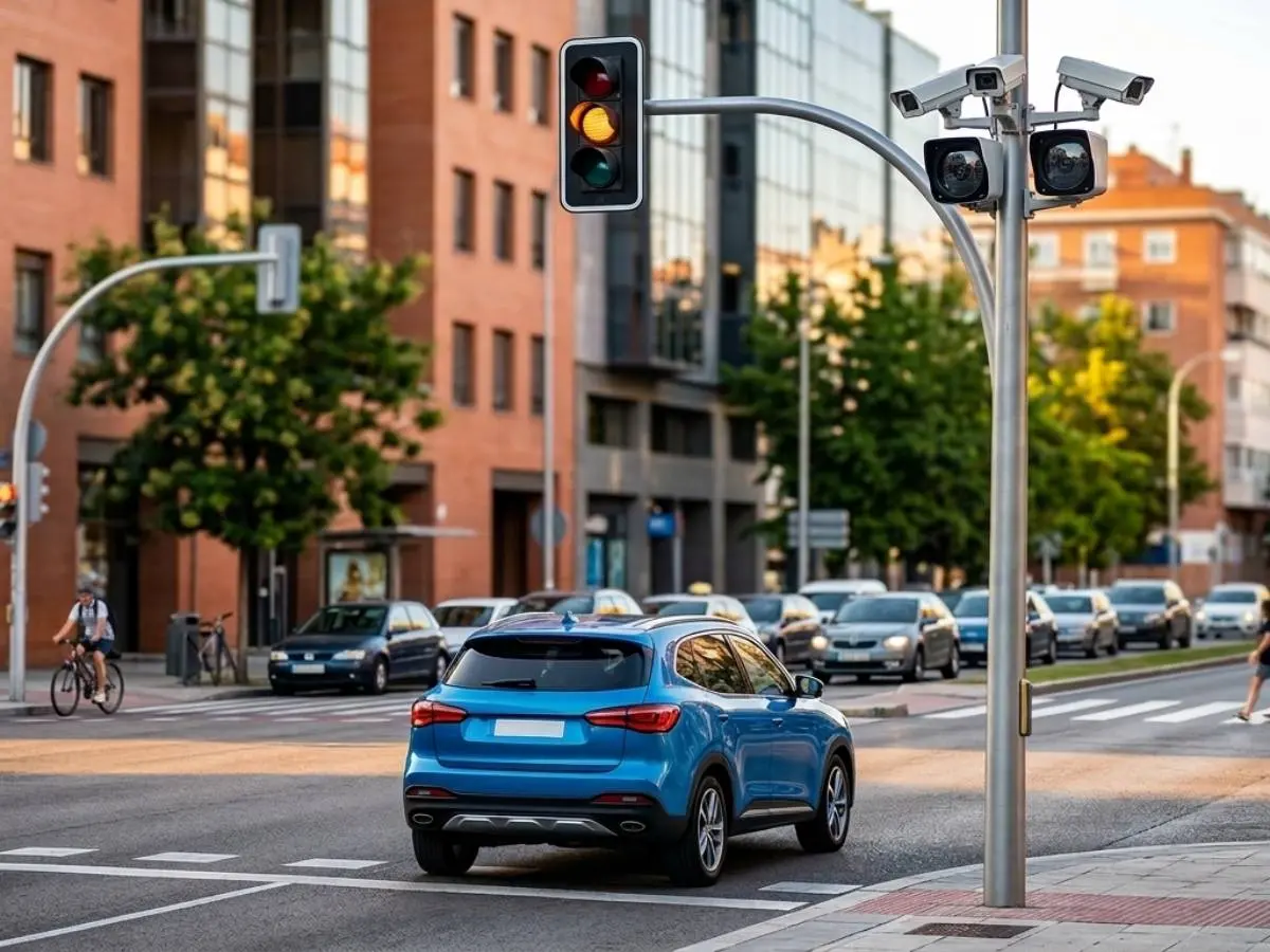 Coche circulando por un cruce de ciudad con control de semáforo