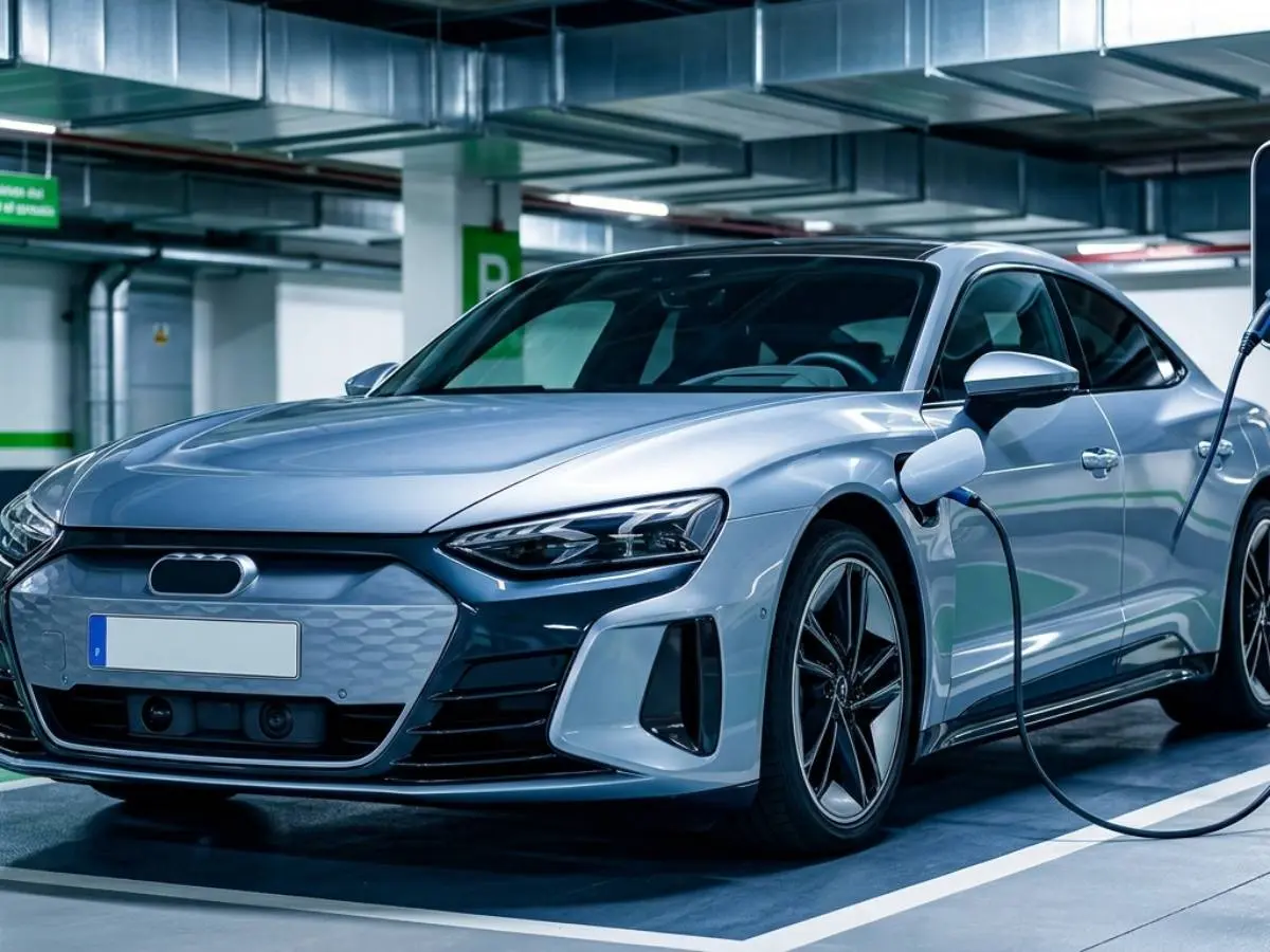 Coche eléctrico cargando en punto de carga moderno