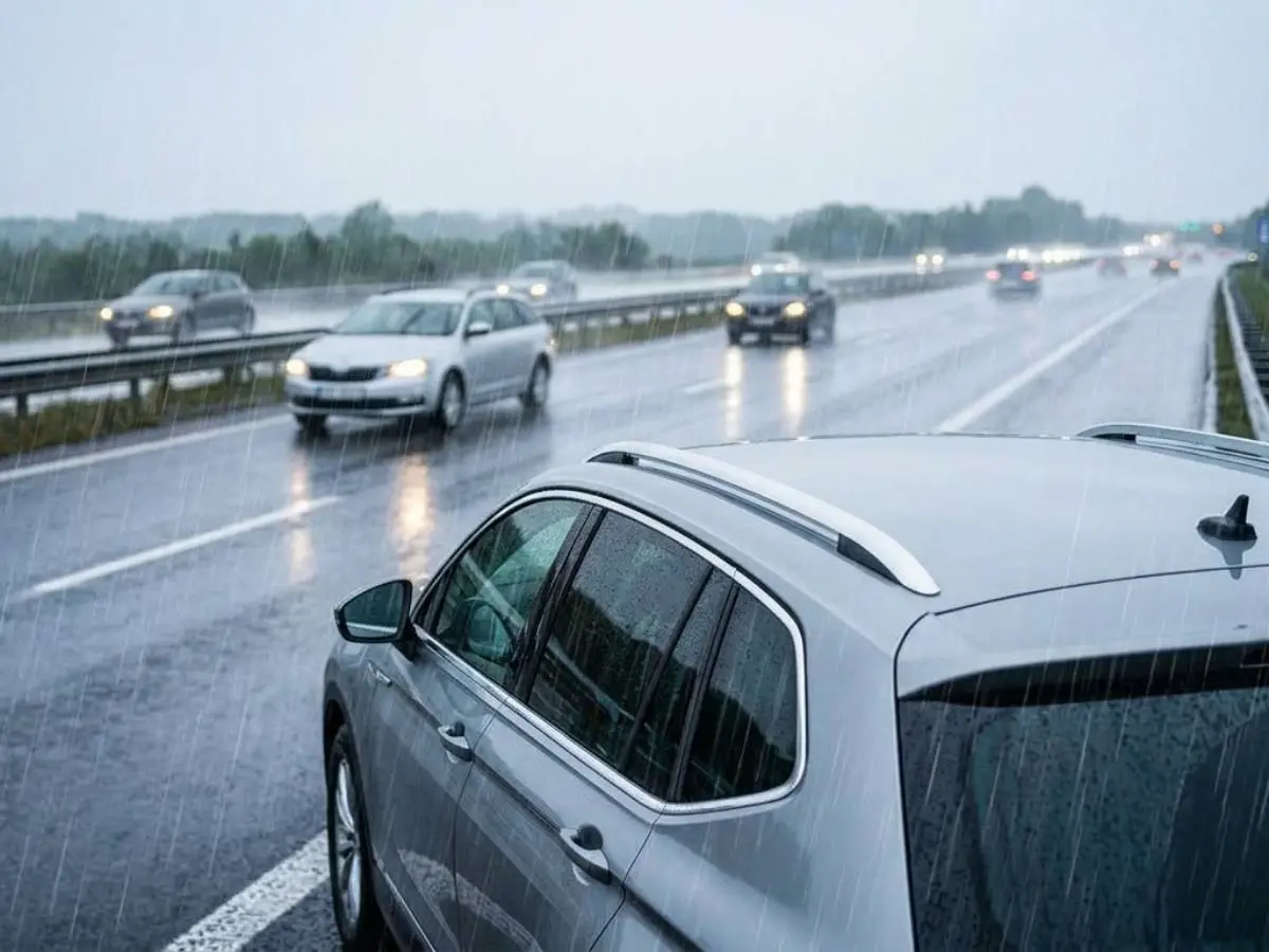 Coche averiado bajo lluvia