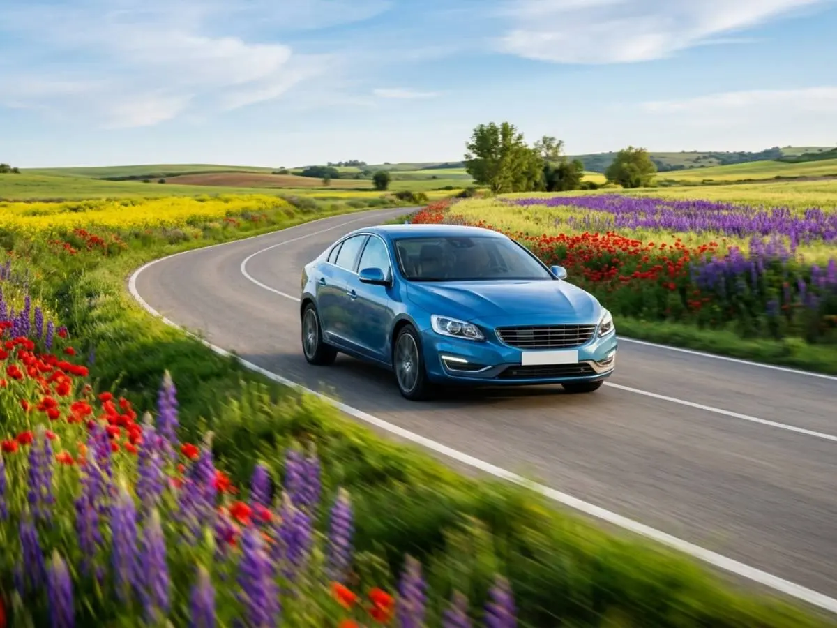 Coche por una carretera en primavera