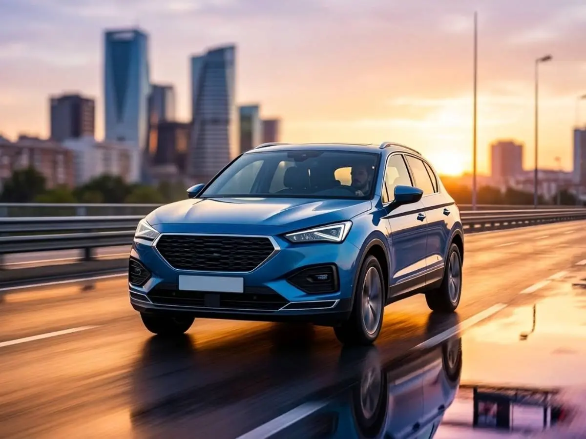 Hombre solo conduciendo coche azul por autovía