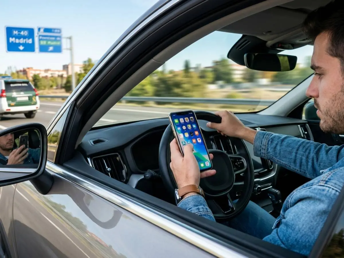 Conductor mira movil al volante
