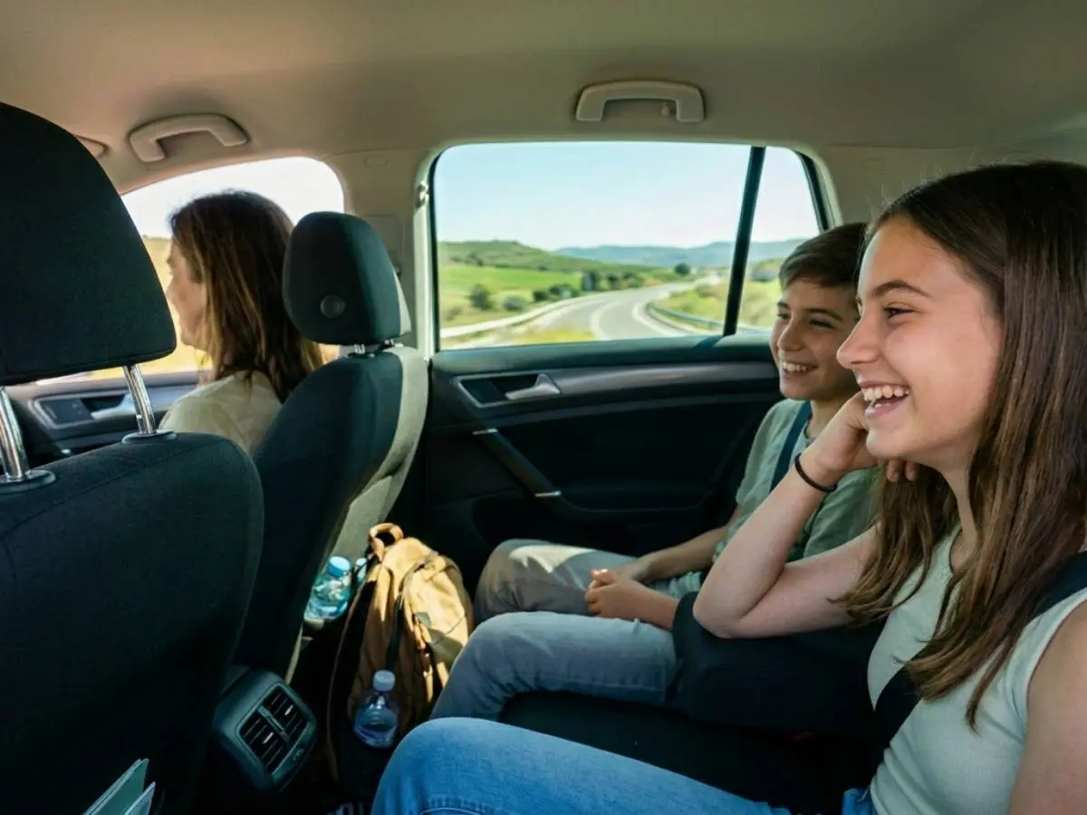 Dos niños viajando en el asiento trasero de un coche