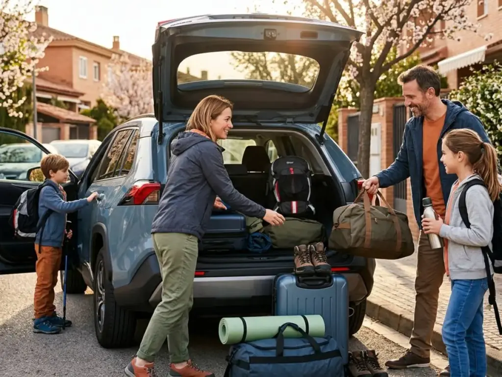 Familia preparando el coche para su escapada de fin de semana