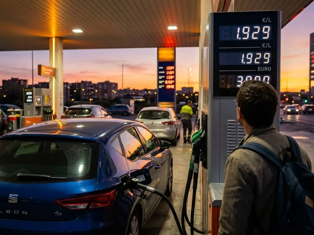 Gasolinera con precios altos mientras un conductor reposta
