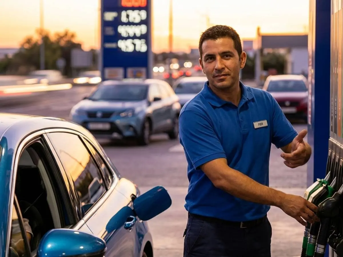 Empleado de gasolinera sujeta una manguera de gasolina