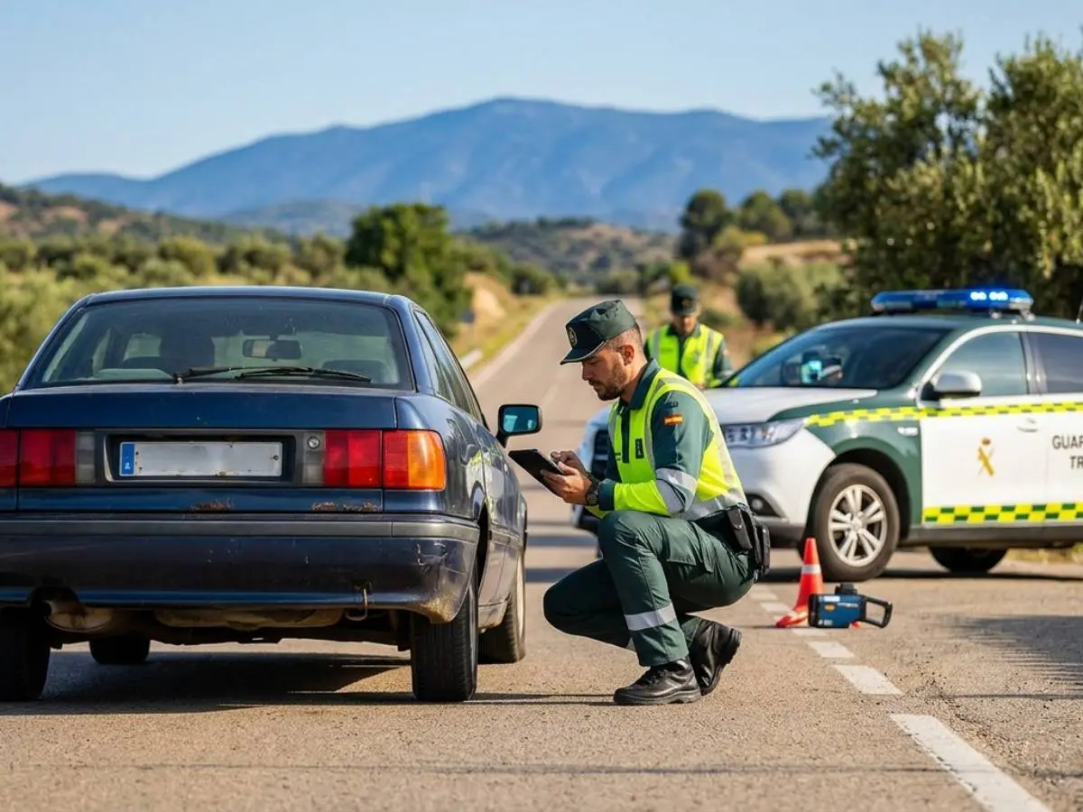 Agente de la Guardia Civil revisa matricula en un control
