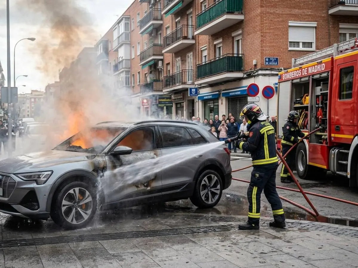 Incendio de coche eléctrico en calle con bomberos actuando