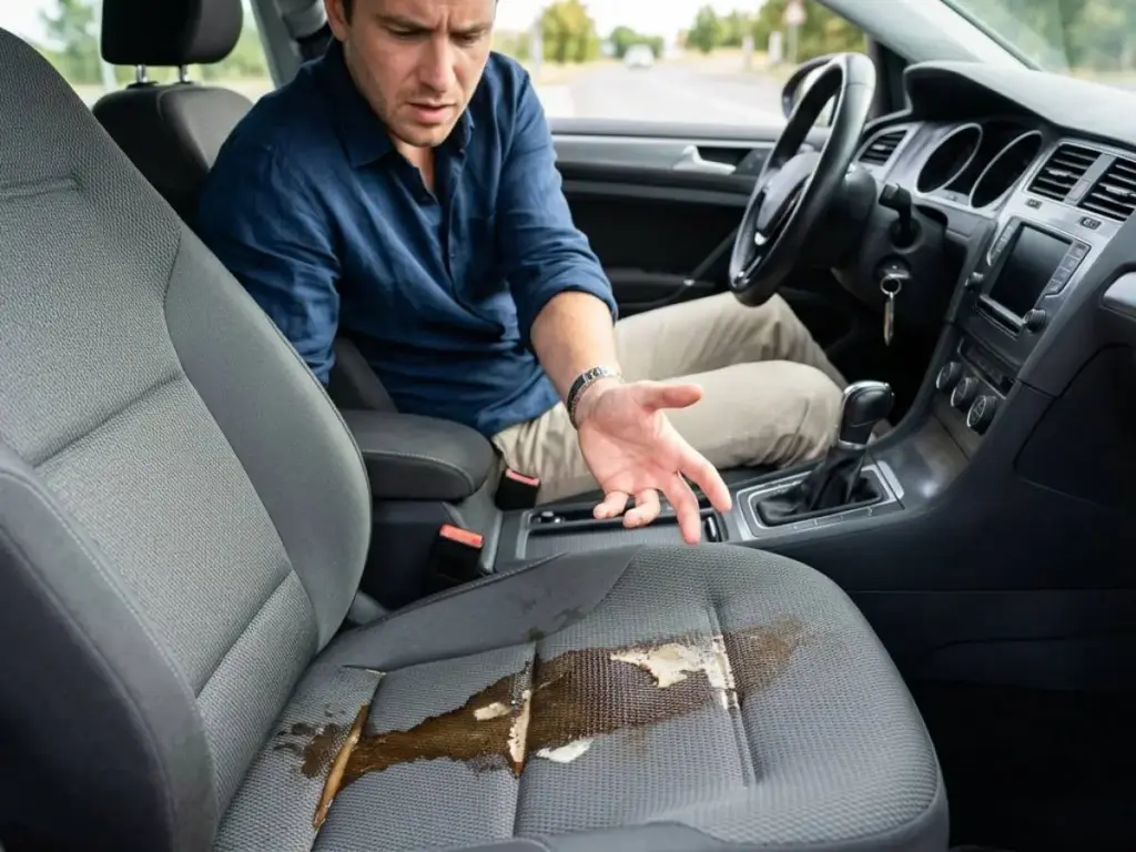 Ya puedes comer o trabajar sin bajarte del coche con este accesorio de Amazon por menos de 12 euros 2 Motor16 Conductor observa mancha de café en un asientod el coche