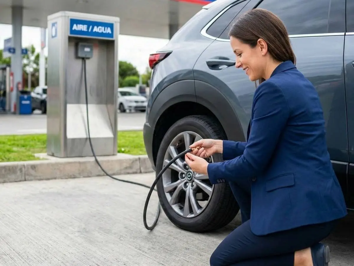 Conductora revisa presion de los neumaticos