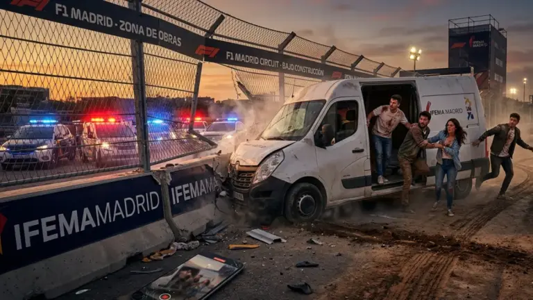 Estreno accidentado: Cuatro amigos roban una furgoneta para correr en el nuevo circuito de F1 de Madrid y acaban estrellados