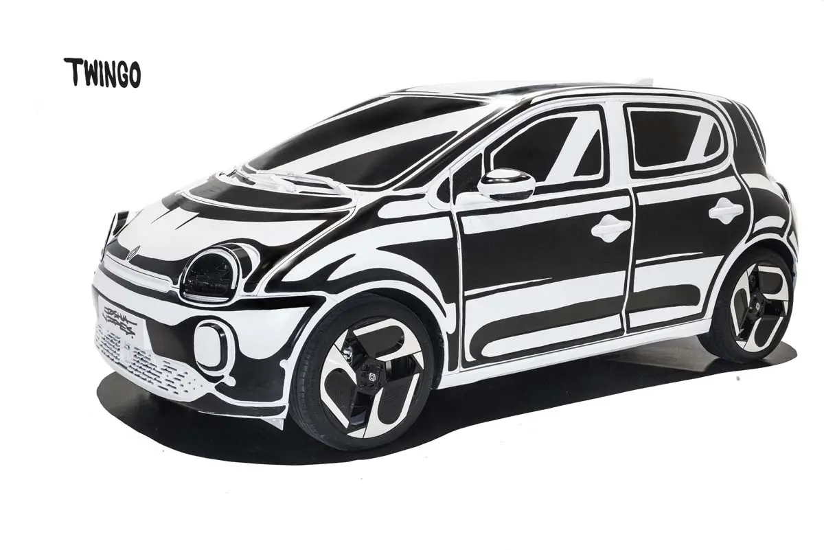 El Renault Twingo E-Tech eléctrico se convierte en una obra de arte en blanco y negro: parece que se ha escapado de un cómic
