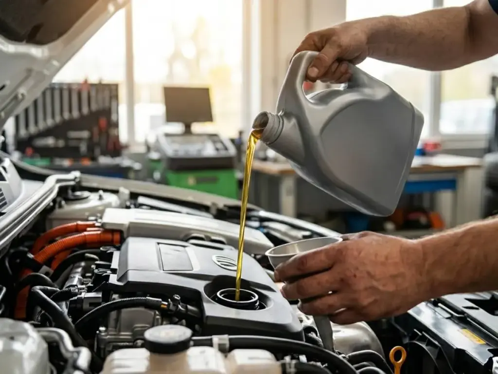mecanico vertiendo aceite sintético en motor híbrido moderno