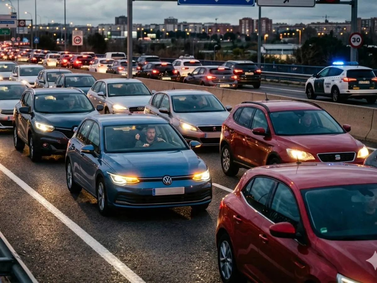 Un gran atasco de coches con la Guardia Civil patrullando