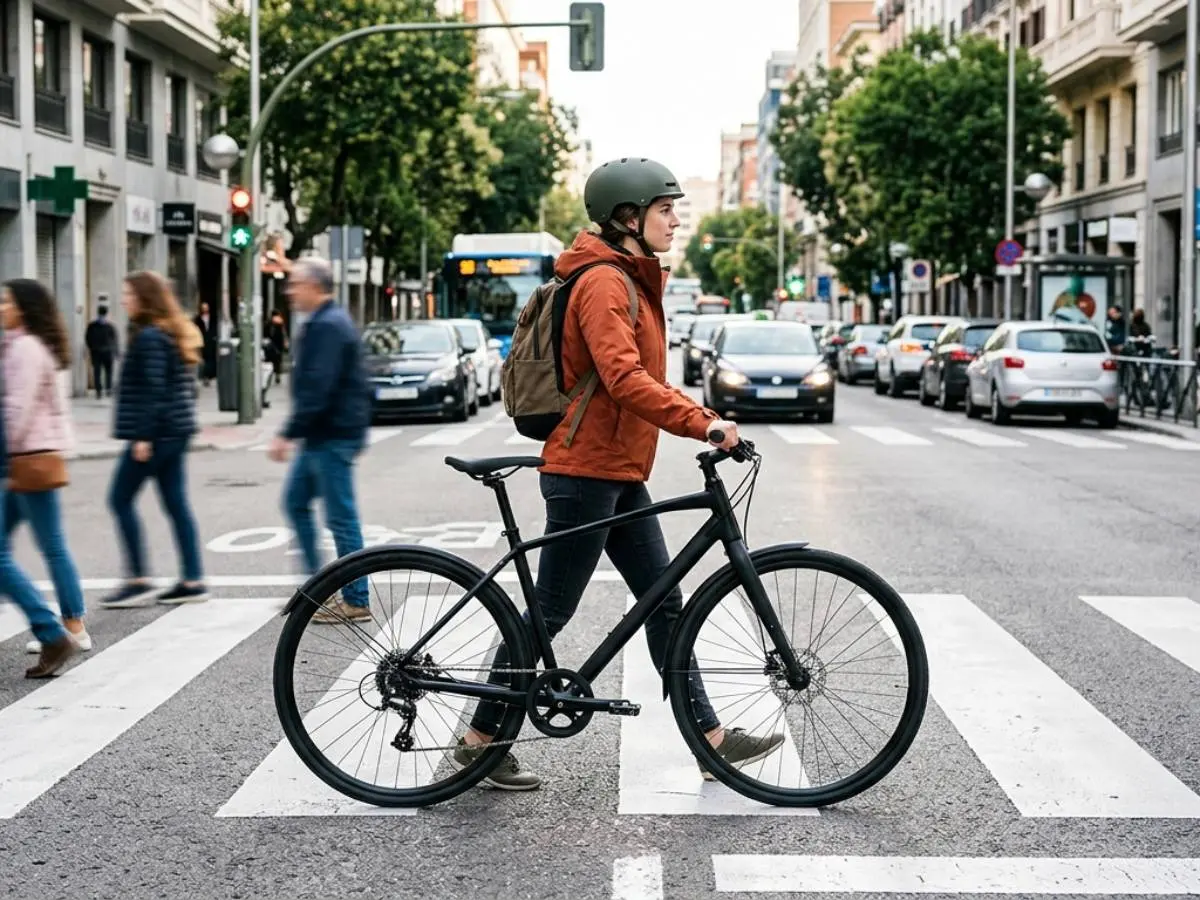 mujer en bicicleta en un paso de peatones
