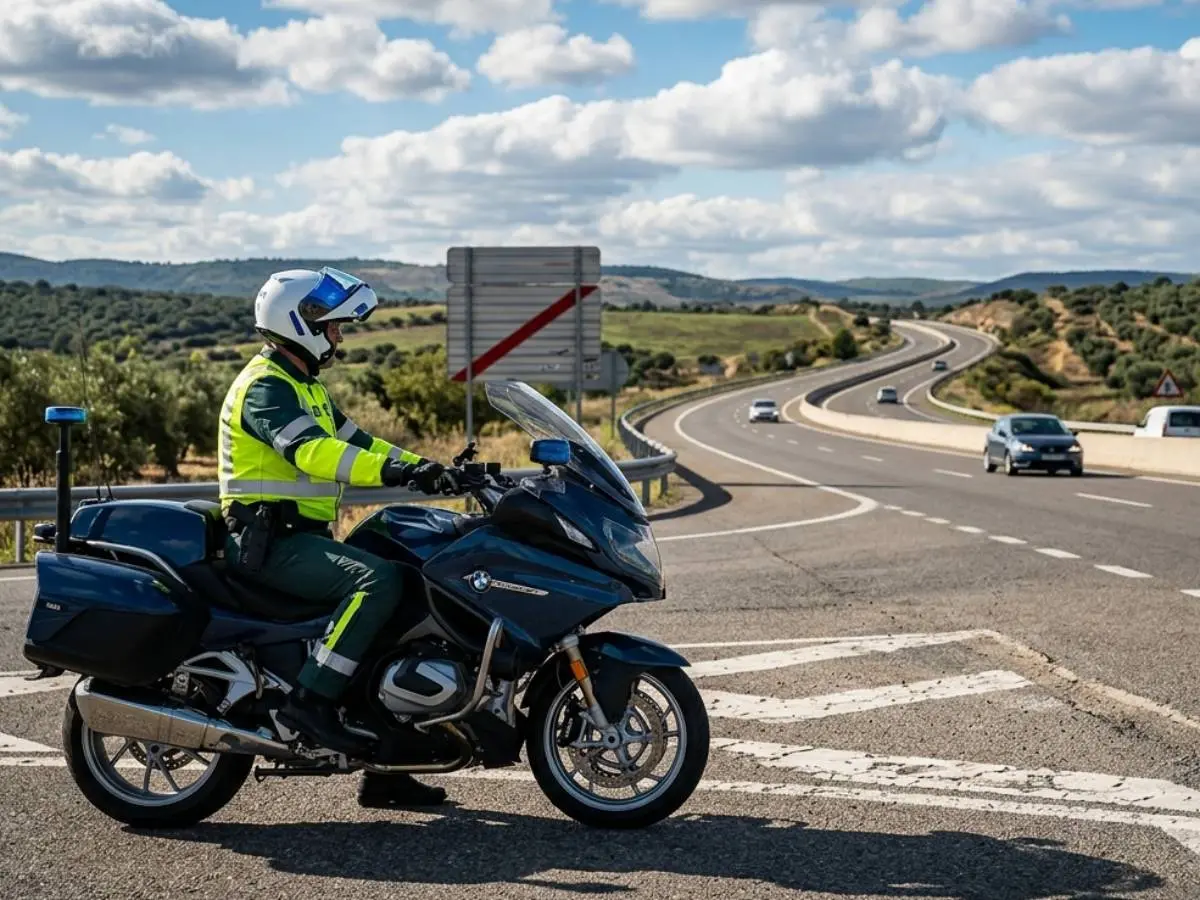 Guardia Civil de Tráfico patrullando en su moto en carretera