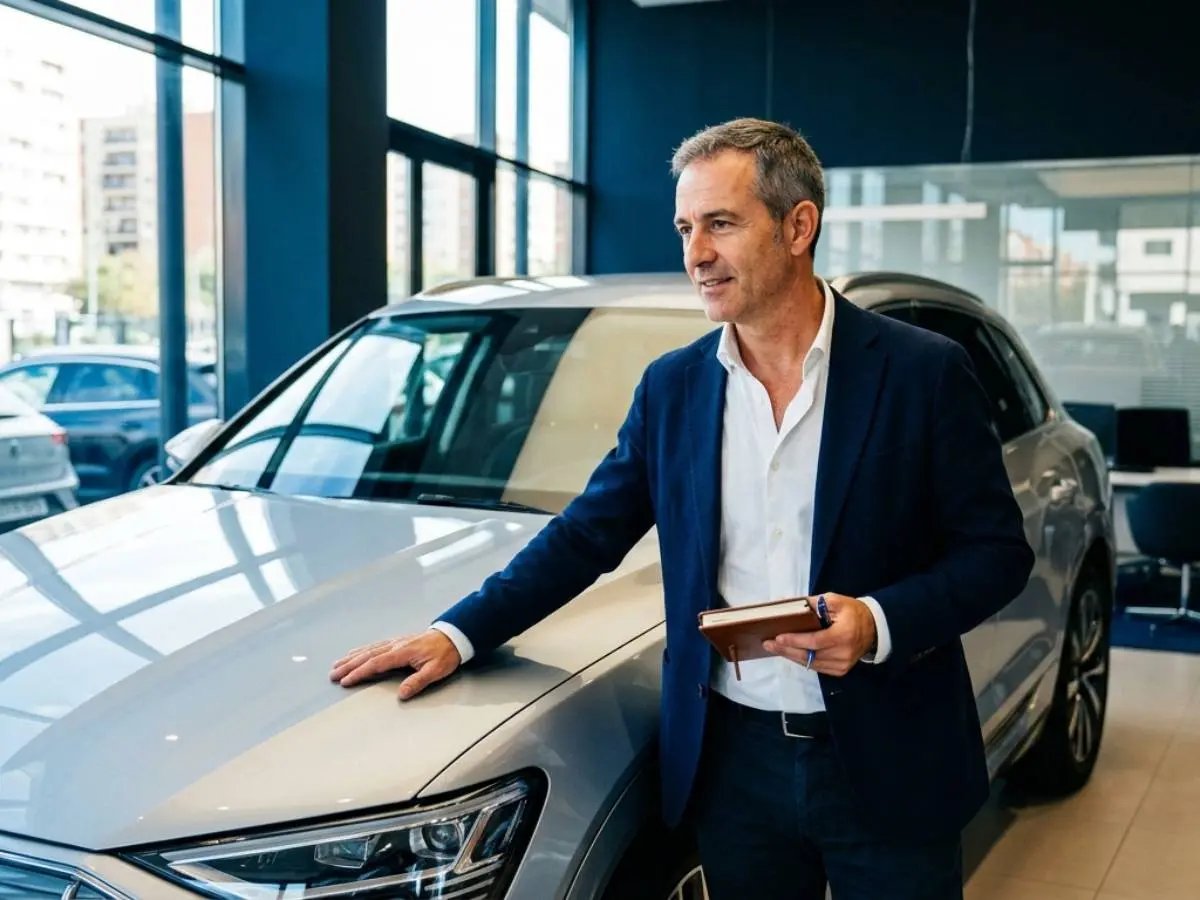 Comprador examinando un coche nuevo en un concesionario moderno