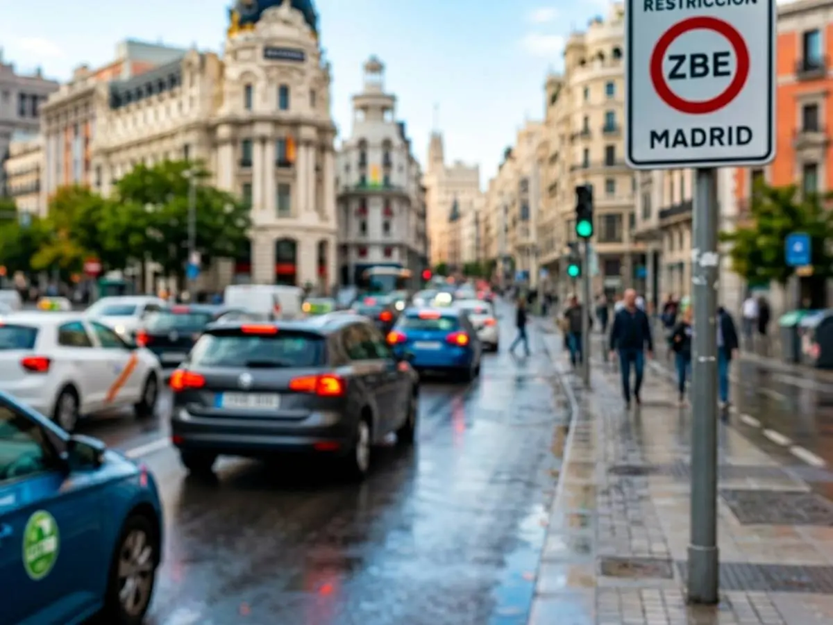 Coches circulando por una calle de Madrid con cartel ZBE